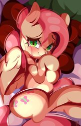 Size: 1327x2048 | Tagged: safe, artist:tohupo, fluttershy, pegasus, pony, g4, bed, bedroom, blushing, cute, female, looking at you, mare, on side, shyabetes, solo
