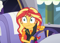 Size: 1495x1080 | Tagged: safe, screencap, randolph, sunset shimmer, driving miss shimmer, equestria girls, equestria girls series, g4, cropped, driving miss shimmer: rarity, female, geode of empathy, limousine, magical geodes, offscreen character, seatbelt, shrunken pupils, steering wheel, wavy mouth, wide eyes