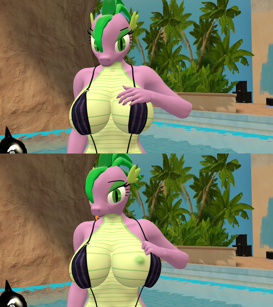 2126838 - questionable, artist:papadragon69, spike, anthro, g4, 3d,  absolute cleavage, barb, bikini, breasts, busty barb, cleavage, clothes,  female, flashing, nipples, nudity, older, older spike, revealing, rule 63,  sling bikini, source filmmaker, swimming