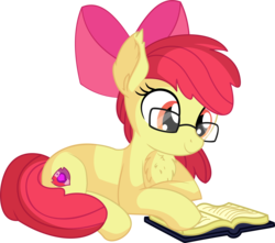 Size: 6836x6045 | Tagged: safe, artist:cyanlightning, apple bloom, earth pony, pony, g4, .svg available, absurd resolution, adorkable, book, chest fluff, cute, dork, ear fluff, female, filly, glasses, meganekko, nerd, prone, reading, simple background, sitting, smiling, solo, transparent background, vector
