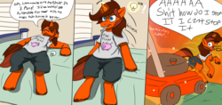 Size: 4000x1885 | Tagged: safe, artist:mcsplosion, oc, oc:painterly flair, pony, unicorn, aura, bad idea, bed, clothes, comic, descriptive noise, exhausted, female, gone wrong, horse noises, injured, lawn mower, lightbulb, magic, panic, pink floyd, power incontinence, running away, screaming, shirt, shorts, smiling, smirk, sports shorts, torn clothes