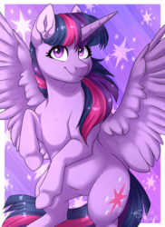 Size: 1230x1690 | Tagged: safe, artist:silentwolf-oficial, twilight sparkle, alicorn, pony, g4, female, mare, signature, smiling, solo, spread wings, twilight sparkle (alicorn), wings