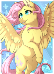Size: 1230x1690 | Tagged: safe, artist:silentwolf-oficial, fluttershy, pegasus, pony, g4, bipedal, ear fluff, female, looking away, mare, signature, smiling, solo, spread wings, turned head, windswept mane, wings