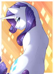 Size: 1230x1690 | Tagged: safe, artist:silentwolf-oficial, rarity, pony, unicorn, g4, female, lidded eyes, looking at you, looking back, looking back at you, mare, sitting, smiling, solo
