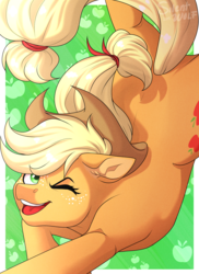 Size: 1230x1690 | Tagged: safe, artist:silentwolf-oficial, applejack, earth pony, pony, g4, applejack's hat, bucking, cowboy hat, cute, female, floppy ears, freckles, hat, jackabetes, mare, one eye closed, signature, smiling, solo, wink