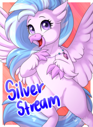Size: 1230x1690 | Tagged: safe, artist:silentwolf-oficial, silverstream, classical hippogriff, hippogriff, g4, cute, diastreamies, female, happy, signature, simple background, solo, spread wings, text, wings