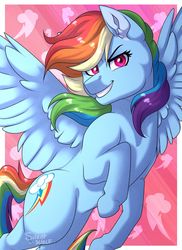 Size: 1024x1407 | Tagged: safe, artist:silentwolf-oficial, rainbow dash, pegasus, pony, g4, female, grin, mare, signature, smiling, solo, spread wings, windswept mane, wings