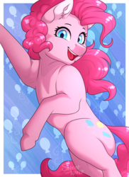 Size: 1230x1690 | Tagged: safe, artist:silentwolf-oficial, pinkie pie, earth pony, pony, g4, cute, cutie mark, diapinkes, female, jumping, looking at you, mare, open mouth, signature, smiling, solo