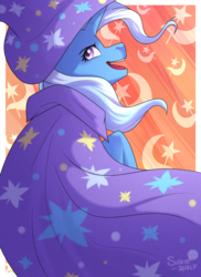 Size: 1230x1690 | Tagged: safe, artist:silentwolf-oficial, trixie, pony, unicorn, g4, cape, clothes, cutie mark background, female, hat, looking back, mare, rear view, signature, solo, trixie's cape, trixie's hat