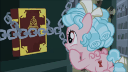 Size: 480x270 | Tagged: safe, screencap, cozy glow, pegasus, pony, g4, season 9, the summer sun setback, animated, belly, book, butt, cartoon physics, chains, cozy glow is not amused, cozy glutes, cozybetes, cute, female, filly, flapping wings, floppy ears, flying, frown, gif, logic, open mouth, plot, smiling, solo, visual gag, wings