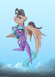 Size: 2500x3500 | Tagged: safe, artist:skitsroom, oc, oc only, oc:eleane tih, oc:mayata, pegasus, pony, unicorn, chibi, cloud, cute, female, high res, horn, love, mare, raised hoof, shipping, wings