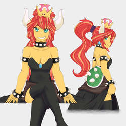 Size: 1791x1791 | Tagged: safe, artist:deeemperor, sunset shimmer, human, equestria girls, g4, bowsette, breasts, clothes, cosplay, costume, crossed legs, crossover, female, looking at you, new super mario bros. u deluxe, simple background, sitting, smiling, solo, super crown, super mario bros., toadette, video game crossover, white background