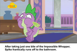 Size: 1024x720 | Tagged: safe, edit, edited screencap, screencap, spike, dragon, g4, school raze, caption, claws, gagging, image macro, logo, male, nick jr., nickelodeon, ponestrip, solo, spread toes, text, toes, winged spike, wings