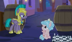 Size: 1052x613 | Tagged: safe, screencap, cozy glow, queen chrysalis, vanguard cover, pegasus, pony, the summer sun setback, armor, chess, chessboard, disguise, disguised changeling, duo, female, filly, foal, guardsmare, helmet, hoof shoes, mare, royal guard
