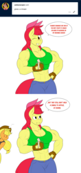 Size: 1280x2704 | Tagged: safe, artist:matchstickman, apple bloom, applejack, earth pony, anthro, matchstickman's apple brawn series, tumblr:where the apple blossoms, g4, ..., abs, apple, apple brawn, banana, biceps, breasts, busty apple bloom, clothes, comic, deltoids, dialogue, eating, female, fingerless gloves, food, gloves, herbivore, jeans, looking at you, mare, midriff, muscles, muscular female, older, older apple bloom, one eye closed, pants, pecs, simple background, sports bra, sweat, sweatdrop, talking to viewer, that pony sure does love apples, triceps, tumblr comic, white background, wink