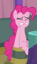 Size: 584x998 | Tagged: safe, screencap, pinkie pie, earth pony, pony, a trivial pursuit, g4, cropped, female, lip bite, mare, out of context, sitting, solo