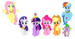 Size: 746x391 | Tagged: safe, applejack, fluttershy, pinkie pie, rainbow dash, rarity, spike, twilight sparkle, dragon, earth pony, pegasus, pony, unicorn, g4, magical mystery cure, a true true friend, animated, big crown thingy, elements of harmony, female, gif, jewelry, mane seven, mane six, mare, open mouth, regalia, simple background, singing, song, transparent background, vector