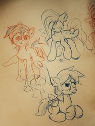 Size: 1536x2048 | Tagged: safe, artist:kaermter, fluttershy, rainbow dash, oc, oc:dovewing, pony, g4, colored pencil drawing, pencil drawing, sketch, traditional art
