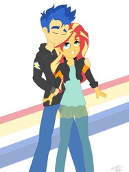 Size: 1536x2048 | Tagged: safe, artist:doodledraws00, flash sentry, sunset shimmer, equestria girls, g4, my little pony equestria girls: better together, eyes closed, female, male, ship:flashimmer, shipping, smiling, straight