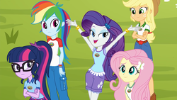 Size: 1920x1080 | Tagged: safe, screencap, applejack, fluttershy, rainbow dash, rarity, sci-twi, twilight sparkle, equestria girls, g4, my little pony equestria girls: legend of everfree, applejack's hat, arms in the air, bracelet, camp everfree logo, camp everfree outfits, capri pants, clothes, cowboy hat, cutie mark on clothes, female, glasses, hat, hips, jewelry, lidded eyes, looking at you, ponytail, quintet, shirt, shorts, skirt, smiling, stetson, t-shirt, tank top
