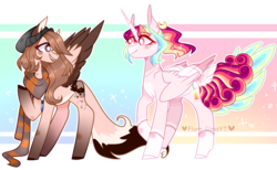 Size: 2349x1449 | Tagged: safe, artist:manella-art, oc, oc:sunny moonlight, oc:yasy fox, alicorn, pegasus, pony, beanie, clothes, colored wings, female, hat, looking back, moon, multicolored hair, multicolored wings, scarf, wings