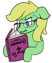 Size: 1500x1800 | Tagged: safe, artist:myahster, oc, oc only, oc:lemming, pony, book, commission, ears back, glasses, no pupils, reading, simple background, solo, sweat, transparent background, upside down, you're doing it wrong