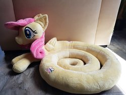 Size: 2048x1536 | Tagged: safe, artist:varonya, fluttershy, lamia, original species, g4, female, fluttersnake, folded wings, irl, lamiafied, lamiashy, photo, plushie, slit pupils, solo, species swap, spiral, wings