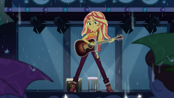 Size: 1366x768 | Tagged: safe, screencap, duke suave, sunset shimmer, equestria girls, g4, let it rain, my little pony equestria girls: better together, beautiful, guitar, musical instrument, rain, stage, umbrella