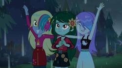 Size: 1366x768 | Tagged: safe, screencap, derpy hooves, snow flower, wallflower blush, equestria girls, g4, let it rain, my little pony equestria girls: better together, clothes, cute, female, flowerbetes, midriff, music festival outfit, rain, sleeveless, tank top, trio, trio female, wet hair