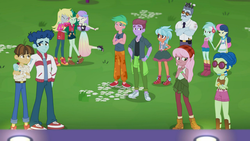 Size: 1366x768 | Tagged: safe, screencap, bon bon, curly winds, derpy hooves, duke suave, frosty orange, laurel jade, lemon zack, lyra heartstrings, max steele, raspberry lilac, snow flower, some blue guy, sweetie drops, wallflower blush, wiz kid, cat, equestria girls, g4, let it rain, my little pony equestria girls: better together, arms, background human, boots, clothes, converse, dress, female, gay, halter top, hiking boots, kitten, lesbian, male, no socks, pants, security guard, ship:lyrabon, ship:wizwinds, shipping, shoes, sneakers, tank top