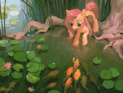 Size: 2048x1556 | Tagged: safe, artist:kaermter, fluttershy, fish, goldfish, pegasus, pony, g4, bag, dolbolen challenge, female, folded wings, looking at something, mare, outdoors, pearl, pond, reeds, reflection, roots, saddle bag, school of fish, solo, tree, water, water rings, waterlily, wings