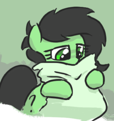Size: 687x732 | Tagged: safe, artist:plunger, oc, oc only, oc:filly anon, pony, female, filly, green background, hug, looking down, pillow, question mark, simple background, snuggling, solo