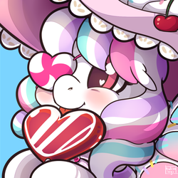 Size: 1100x1100 | Tagged: safe, artist:talimingi, oc, oc:magic sprinkles, blushing, candy, eyepatch, food, hat, heart, heart eyes, icon, lollipop, tongue out, wingding eyes