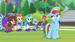 Size: 1920x1080 | Tagged: safe, screencap, lighthoof, ocellus, rainbow dash, shimmy shake, smolder, yona, changedling, changeling, dragon, pony, yak, 2 4 6 greaaat, g4, cap, cheerleader ocellus, cheerleader outfit, cheerleader smolder, cheerleader yona, clothes, coach rainbow dash, hat