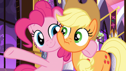 Size: 1920x1080 | Tagged: safe, screencap, applejack, pinkie pie, earth pony, pony, g4, my little pony: friendship is magic, the summer sun setback, canterlot castle, female, mare, squishy cheeks