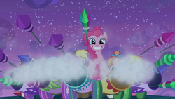 Size: 1920x1080 | Tagged: safe, screencap, cherry berry, linky, pinkie pie, rainbow stars, roseluck, shoeshine, earth pony, pony, g4, the summer sun setback, cannon, female, fireworks, grin, mare, rockets, smiling, smoke