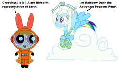 Size: 938x541 | Tagged: safe, artist:guihercharly, rainbow dash, g4, astro blossom, astrodash, astronaut, blossom (powerpuff girls), clothes, cloud, costume, crossover, spacesuit, the powerpuff girls