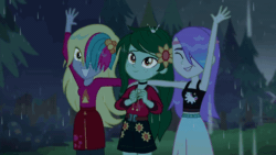 Size: 800x450 | Tagged: safe, screencap, derpy hooves, snow flower, wallflower blush, equestria girls, g4, let it rain, my little pony equestria girls: better together, animated, arm around back, clothes, cloud, cute, dripping, eyes closed, female, flowerbetes, freckles, gif, grass, hair ornament, hair over one eye, looking at someone, midriff, music festival outfit, outdoors, rain, shorts, sleeveless, smiling, tank top, tree, trio, trio female, waving, wet, wet hair