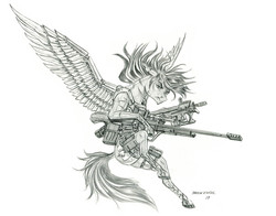 Size: 1400x1097 | Tagged: safe, artist:baron engel, oc, oc only, oc:crimson fist, pony, unicorn, fallout equestria, artificial wings, augmented, colored hooves, grayscale, gun, monochrome, pencil drawing, simple background, solo, traditional art, weapon, white background, wings