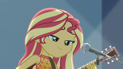 Size: 1920x1080 | Tagged: safe, screencap, sunset shimmer, equestria girls, g4, let it rain, my little pony equestria girls: better together, acoustic guitar, female, guitar, guitar strap, microphone, musical instrument, smiling, solo, stage, stage light
