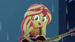 Size: 1920x1080 | Tagged: safe, screencap, sunset shimmer, equestria girls, g4, let it rain, my little pony equestria girls: better together, acoustic guitar, cute, female, geode of empathy, guitar, looking at you, magical geodes, musical instrument, shimmerbetes, singing, smiling, solo