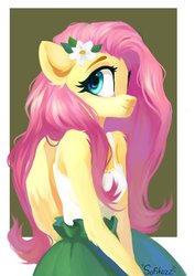 Size: 2894x4093 | Tagged: safe, artist:sofiko-ko, fluttershy, pegasus, anthro, g4, abstract background, arm fluff, clothes, cute, ear fluff, female, flower, flower in hair, folded wings, long hair, looking at you, looking sideways, mare, shoulder fluff, skirt, solo, wings