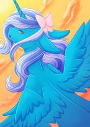 Size: 751x1063 | Tagged: safe, artist:reamin, oc, oc:fleurbelle, alicorn, pony, alicorn oc, beautiful, bow, cloud, elegant, female, flying, hair bow, mare, sky, wings