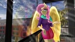 Size: 1192x670 | Tagged: safe, artist:zsnowfilez, fluttershy, anthro, g4, 3d, alternate hairstyle, female, hipstershy, reflection, solo