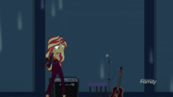 Size: 800x450 | Tagged: safe, screencap, sunset shimmer, equestria girls, g4, let it rain, my little pony equestria girls: better together, acoustic guitar, animated, clothes, female, gif, guitar, guitar strap, jacket, microphone, microphone stand, musical instrument, pick up, sitting, solo, speaker, stage, stagelights