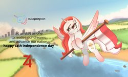 Size: 2048x1229 | Tagged: safe, artist:rivin177, rarity, oc, oc:indonisty, pony, g4, flag, flying, independence day, indonesia, indonesian independence day, jakarta, nusaponycon, river