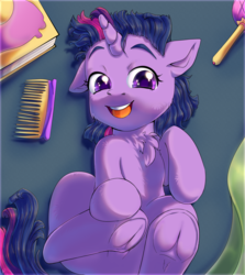 Size: 2500x2800 | Tagged: safe, artist:tigra0118, twilight sparkle, pony, unicorn, g4, cheek fluff, chest fluff, cute, female, frog (hoof), happy, high res, hoofbutt, looking at you, mare, on back, one ear down, open mouth, smiling, solo, twiabetes, underhoof, unicorn twilight