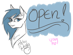 Size: 1239x935 | Tagged: safe, artist:pockypocky, oc, oc only, oc:pocky, pony, announcement, art, bust, cheap, clean, color, commission, doodle, food, line, pocky, portrait, quick, sketch, solo, stylised, yay