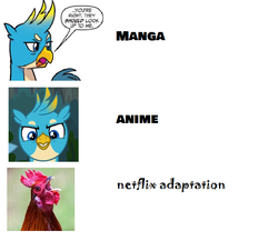 Size: 718x624 | Tagged: safe, artist:horsesplease, idw, gallus, bird, g4, uprooted, spoiler:comicfeatsoffriendship01, crowing, gallus the rooster, meme, netflix, netflix adaptation, rooster