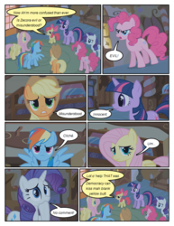Size: 612x792 | Tagged: safe, artist:newbiespud, edit, edited screencap, screencap, apple bloom, applejack, fluttershy, pinkie pie, rainbow dash, rarity, twilight sparkle, earth pony, pegasus, pony, unicorn, comic:friendship is dragons, bridle gossip, g4, angry, annoyed, bow, comic, dialogue, female, filly, frown, hair bow, hat, mane six, mare, screencap comic, unicorn twilight, worried